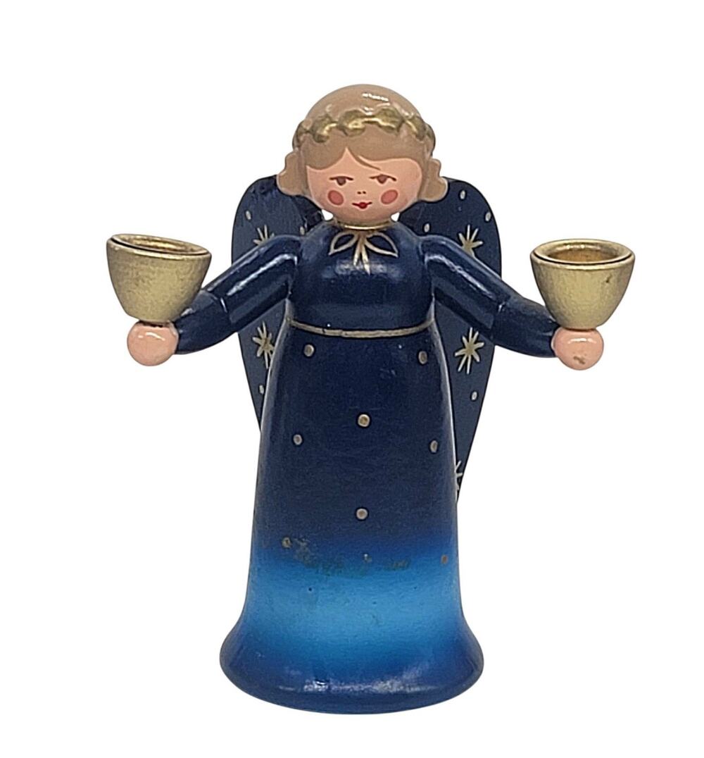 Vtg Blue Wood Germany Angel Candleholder Seiffener Nussknackerhaus 3.5" CL31